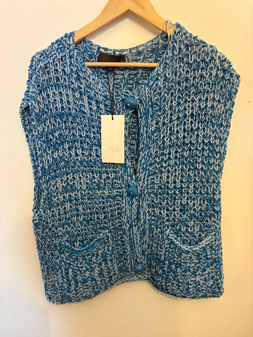 ZARA Blue & White Marled Chunky Button Cardigan Vest - Picture 1 of 3